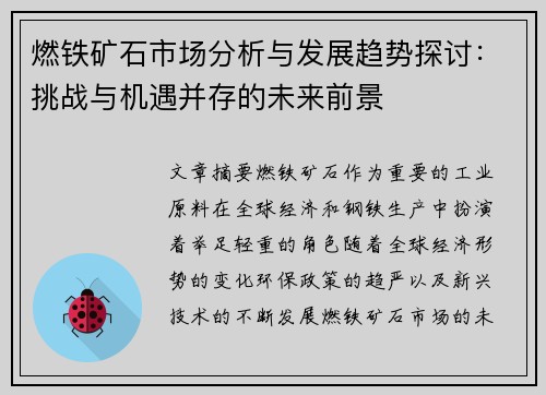 燃铁矿石市场分析与发展趋势探讨：挑战与机遇并存的未来前景