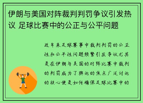 伊朗与美国对阵裁判判罚争议引发热议 足球比赛中的公正与公平问题